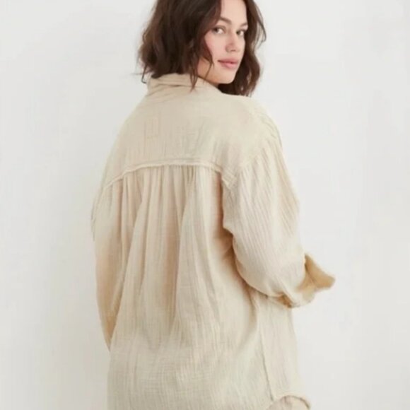 Aerie Gauzy Oversized Cover Up Button Up Shirt In Oatmeal Size - Size Large - Picture 2 of 10